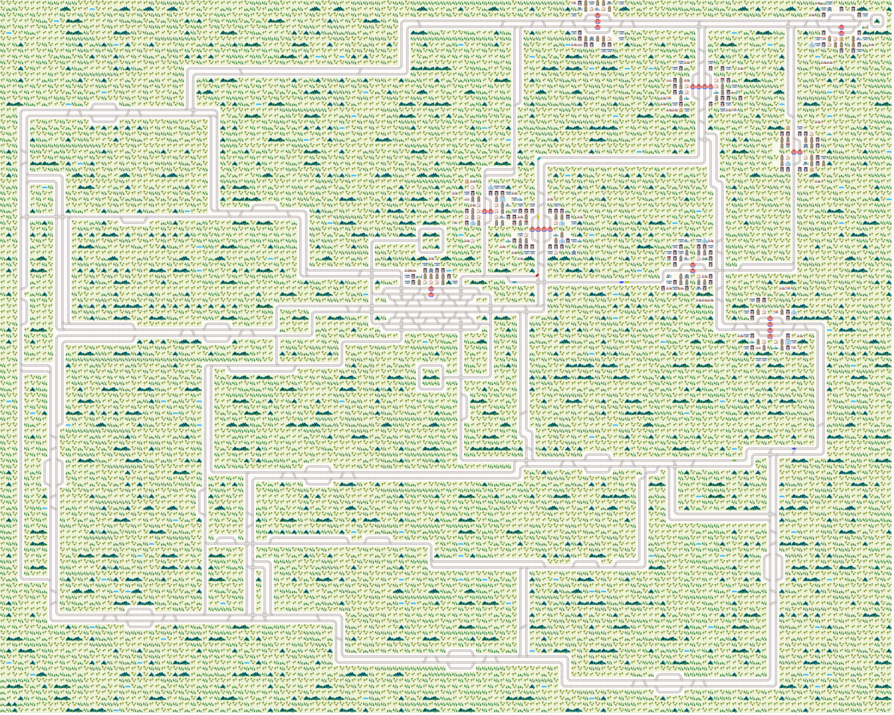 The same scenario in Flatland's own renderer, cartoon trains and grass